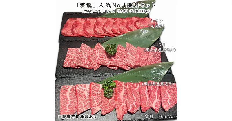 【ふるさと納税】定期便 3ヶ月 人気 焼肉 セット 各回合計約1,030g カルビ ハラミ 牛タン 雲龍 岡山県産 肉 お肉 牛肉 和牛　定期便・ 牛 牛カルビ 牛ハラミ タン 1030g 焼肉セット 焼き肉 3回 お楽しみ 玉野市